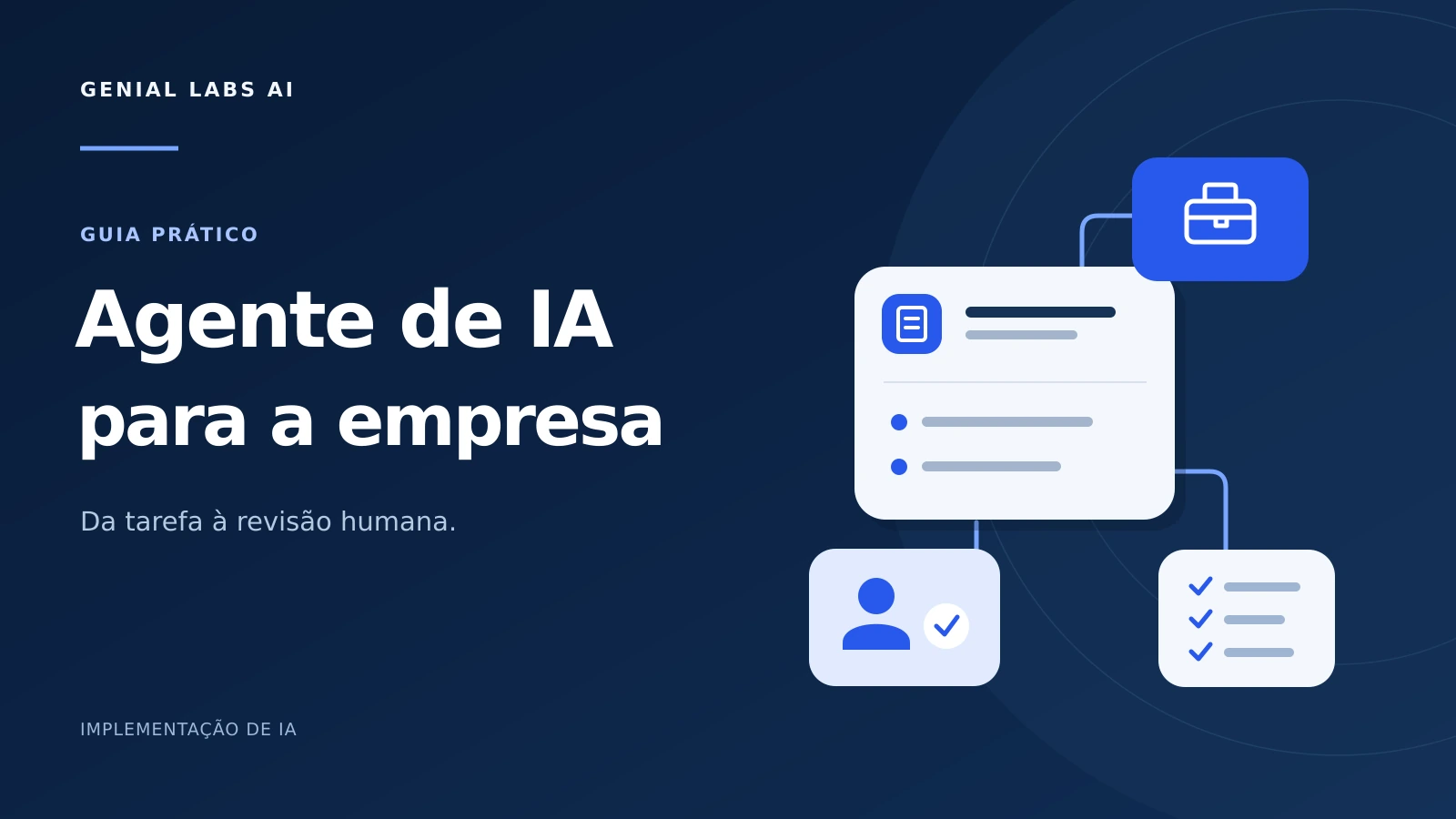 Capa azul-marinho com o título Agente de IA para a empresa e cartões conectados de tarefa, ferramentas e revisão humana.