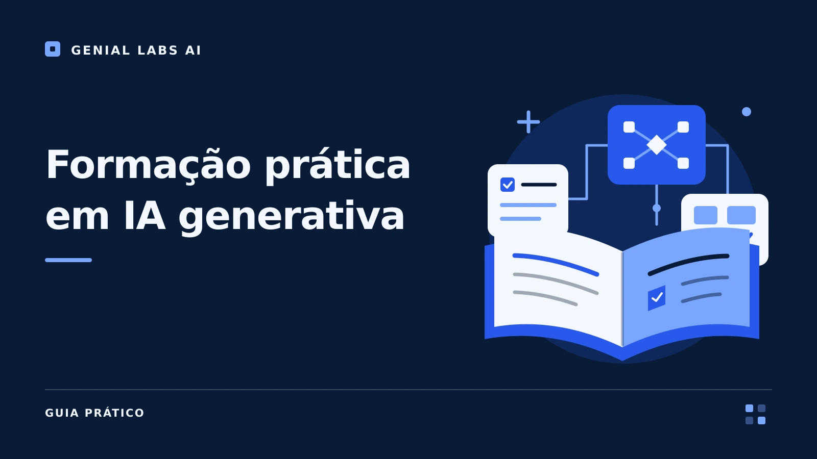 Capa azul-marinho com o título Formação prática em IA generativa e um livro aberto acompanhado de blocos de exercícios conectados.