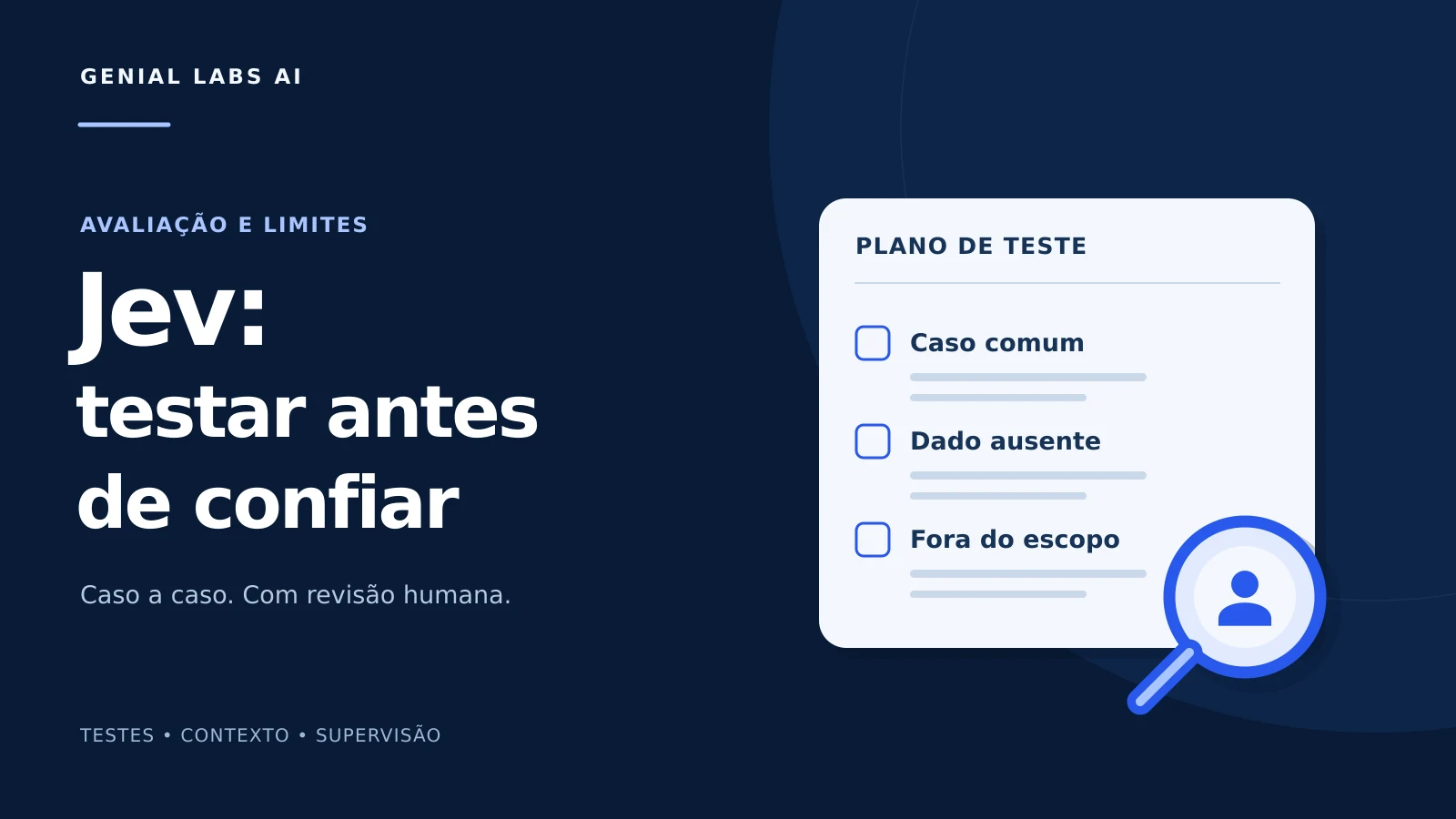 Capa azul-marinho com o título Jev: testar antes de confiar e uma lista de casos de teste, acompanhada de uma lupa com o símbolo de revisão humana.
