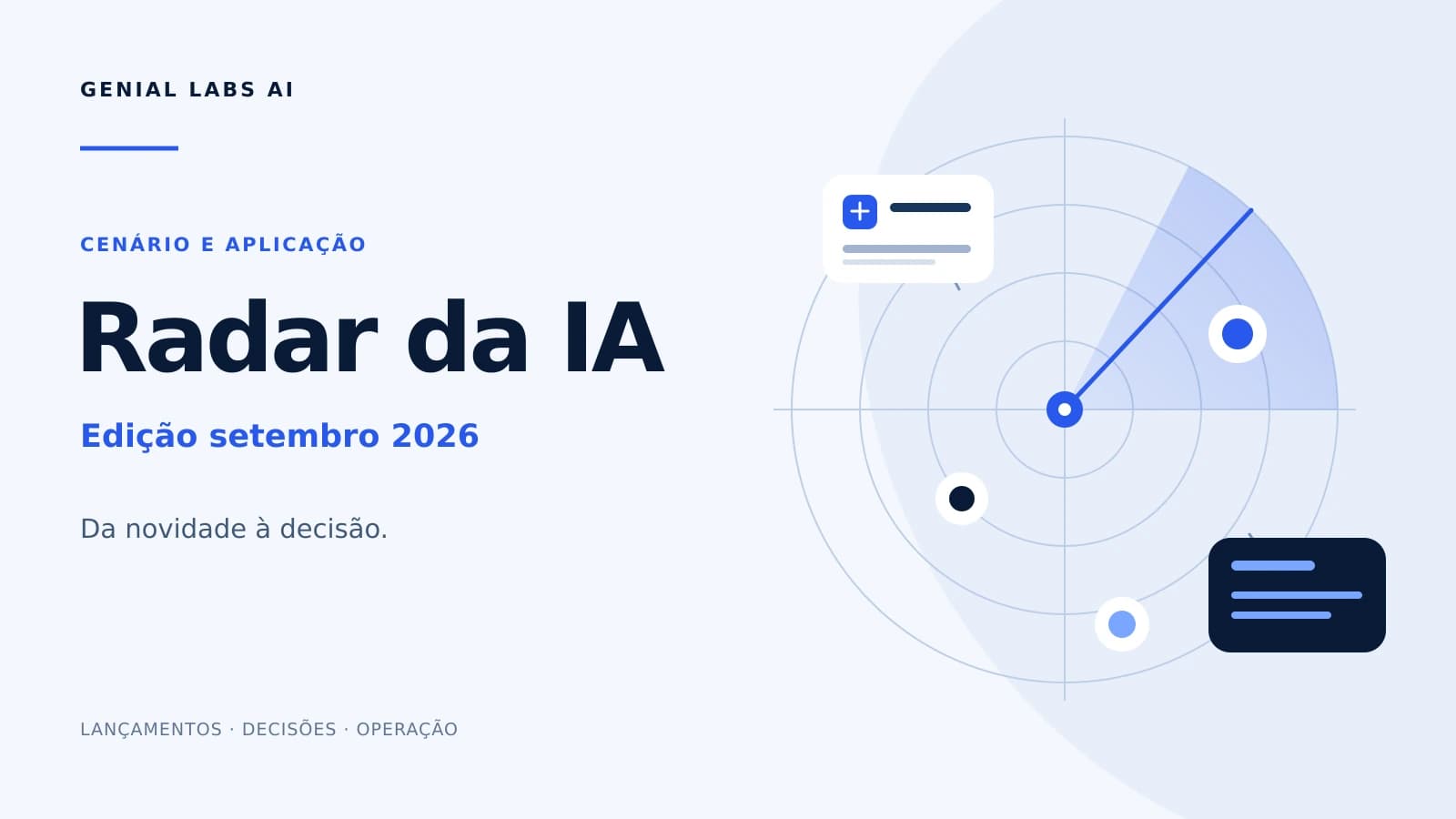 Capa branca e azul com o título Radar da IA, edição setembro 2026, e um radar geométrico com círculos, pontos e cartões de informação.