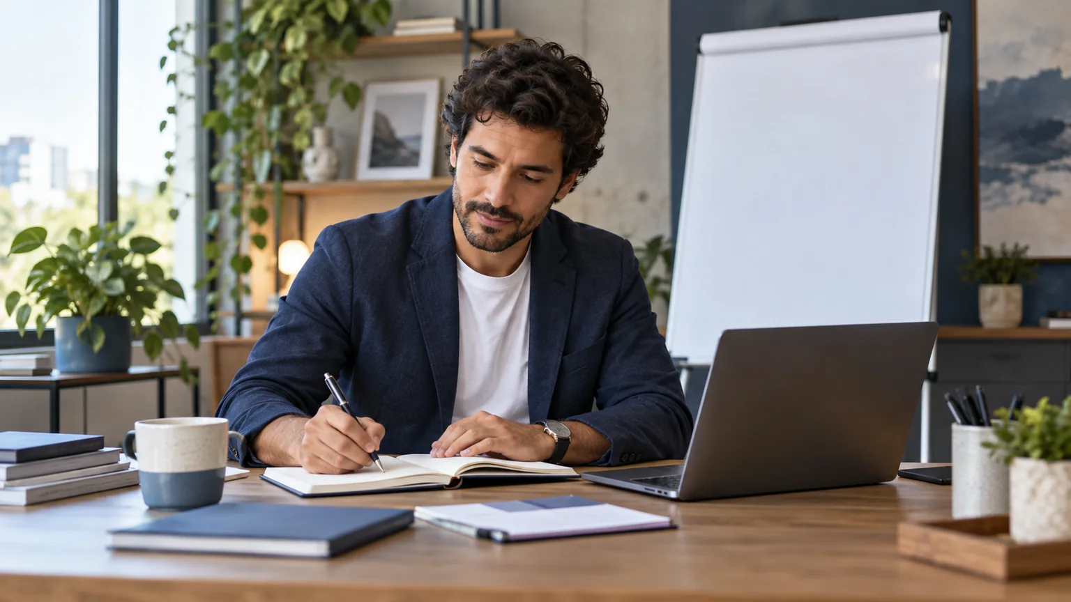 Ilustração editorial gerada por IA: consultor prepara uma sessão de trabalho com notebook e materiais de planejamento.